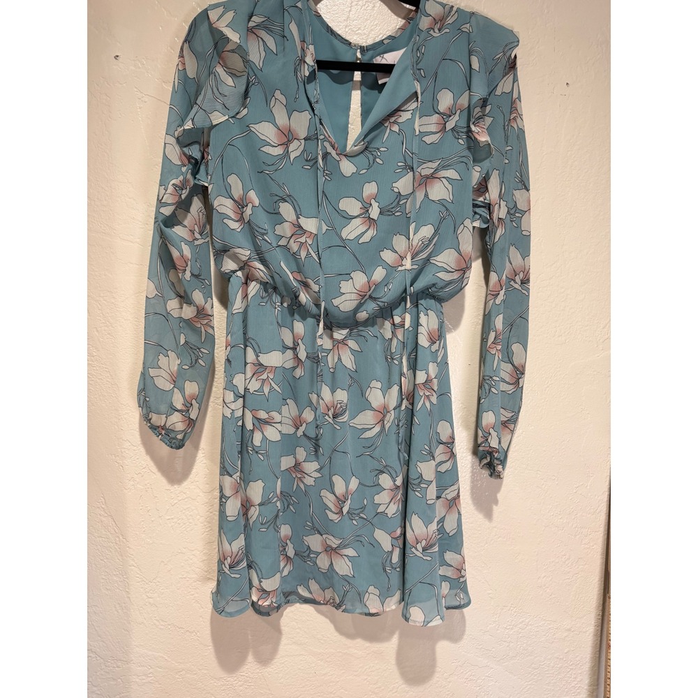 Charles Henry Blue Floral Chiffon Ruffle Mini Dress Long Sleeve V-Neck Small